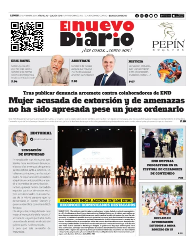 Portada Periódico El Nuevo Diario, Lunes 23 Septiembre, 2024