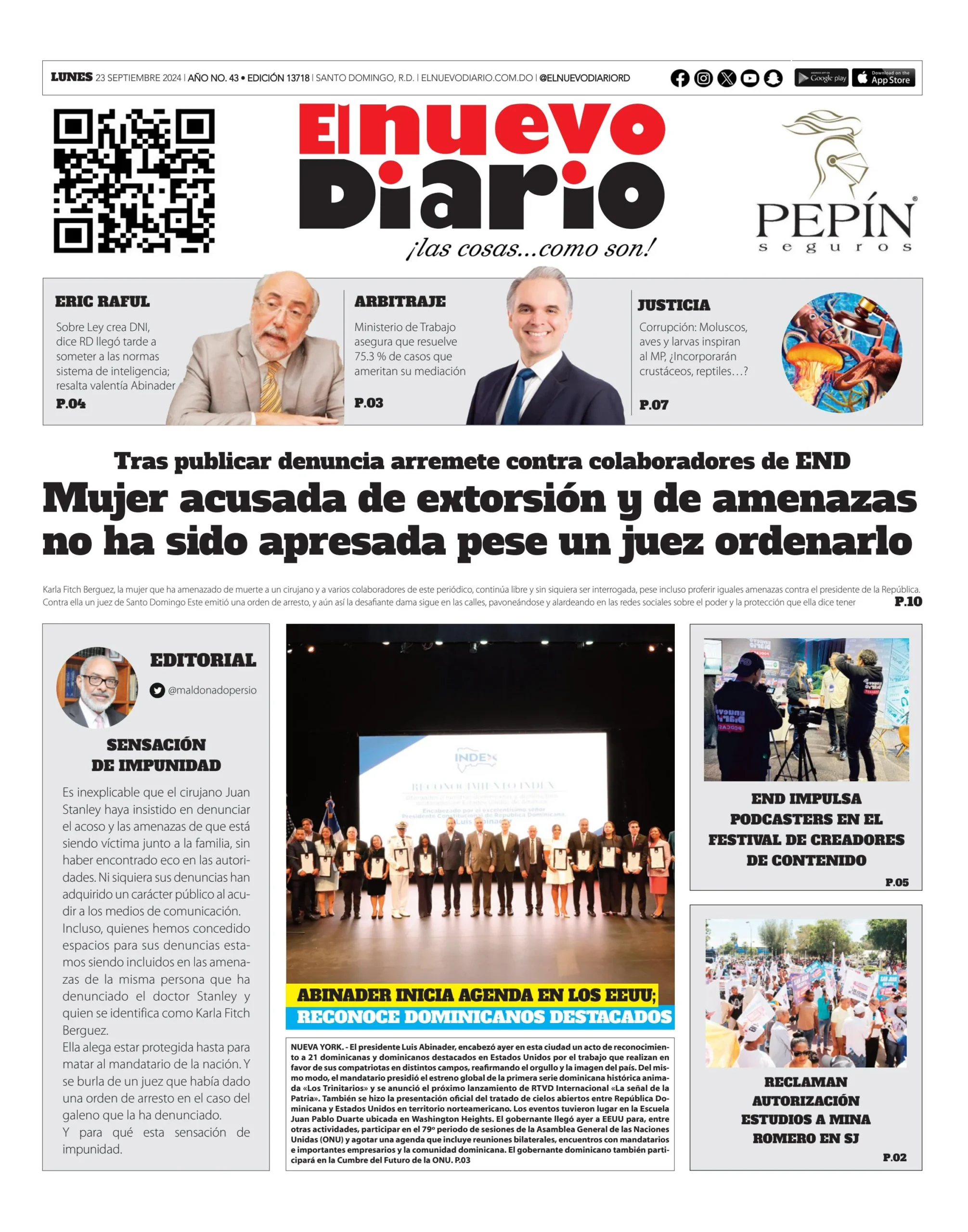 Portada Periódico El Nuevo Diario, Lunes 23 Septiembre, 2024