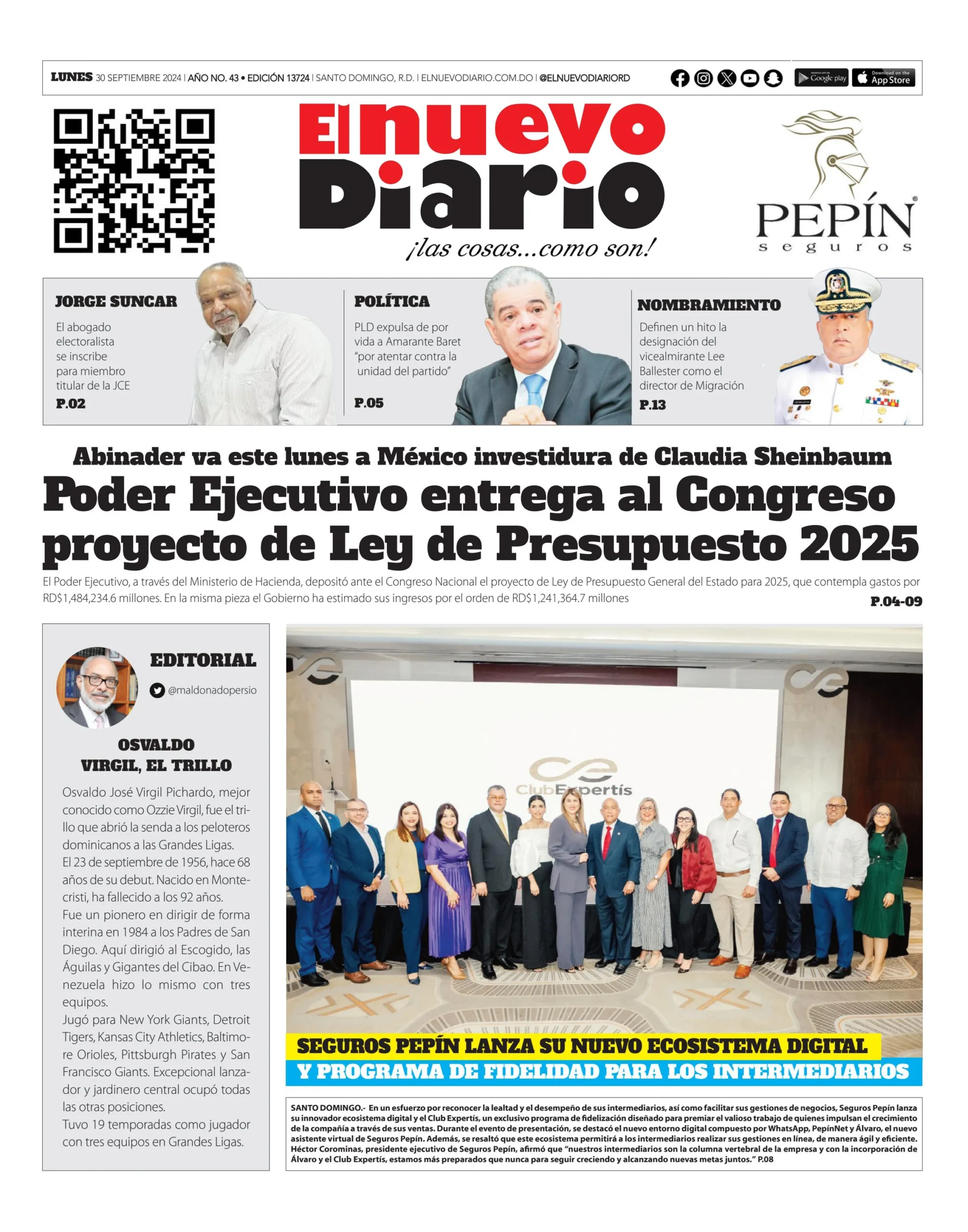 Portada Periódico El Nuevo Diario, Lunes 30 Septiembre, 2024