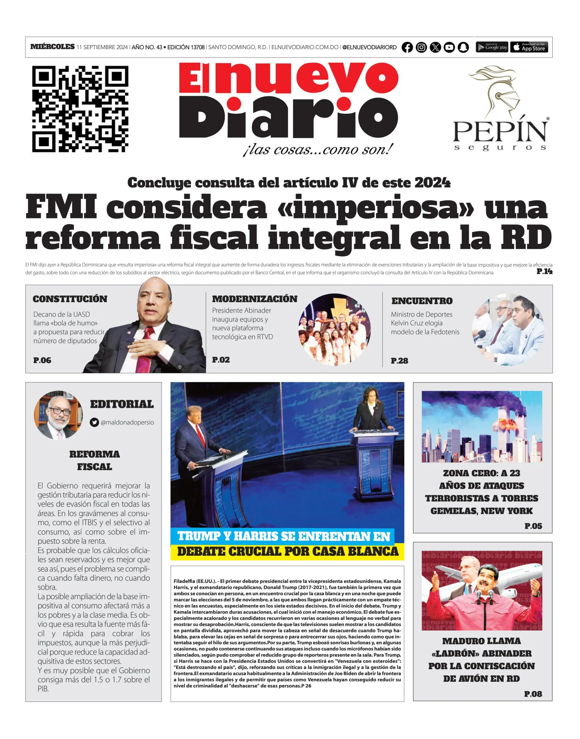 Portada Periódico El Nuevo Diario, Miércoles 11 Septiembre, 2024