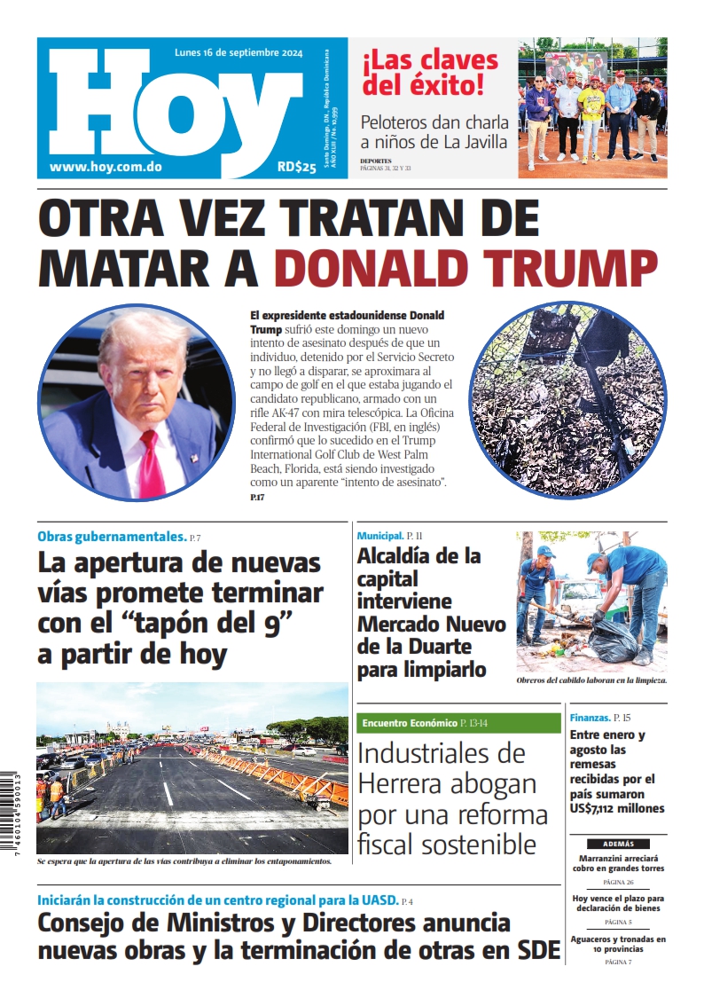 Portada Periódico Hoy, Lunes 16 Septiembre, 2024