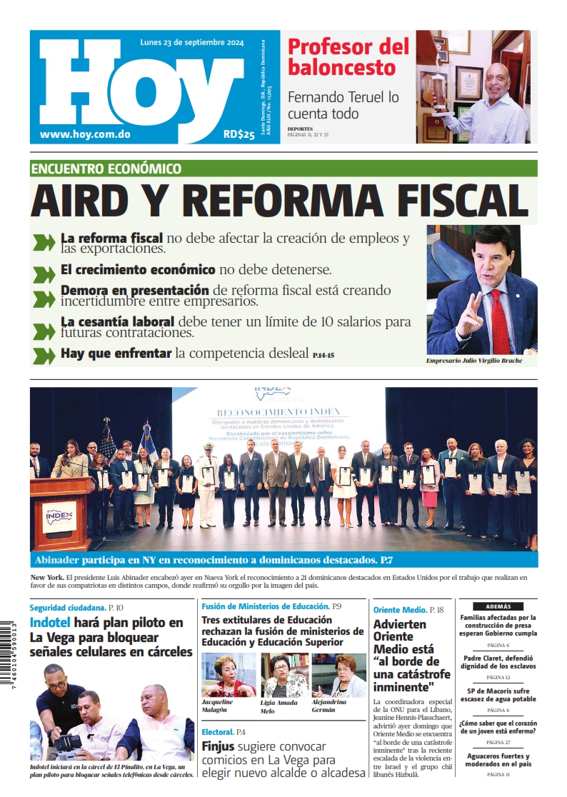 Portada Periódico Hoy, Lunes 23 Septiembre, 2024