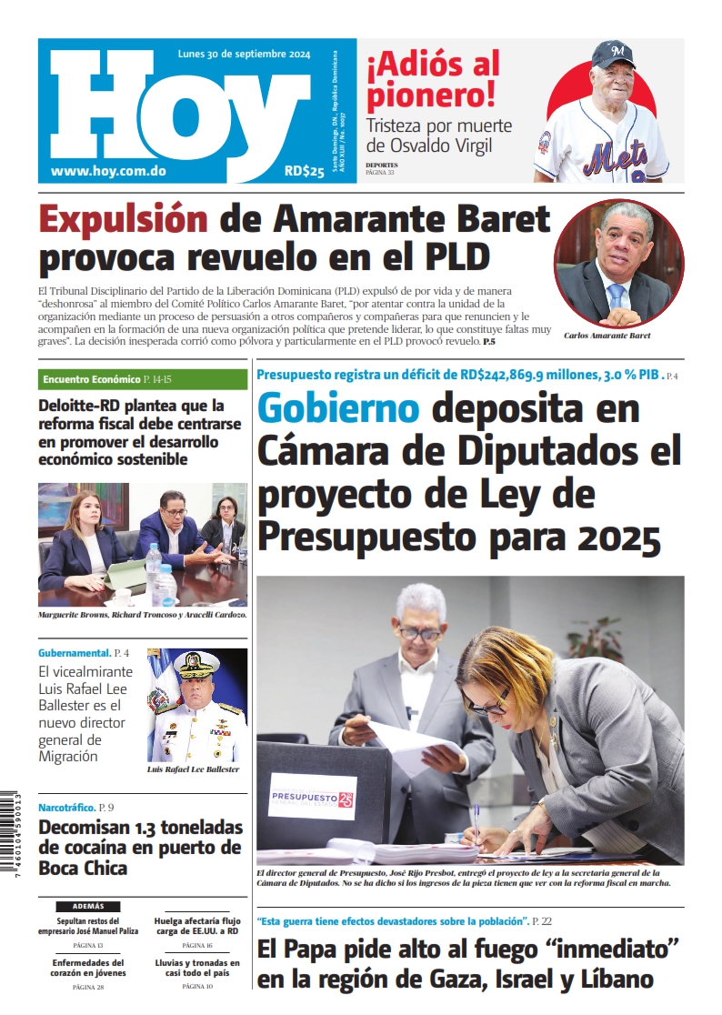 Portada Periódico Hoy, Lunes 30 Septiembre, 2024