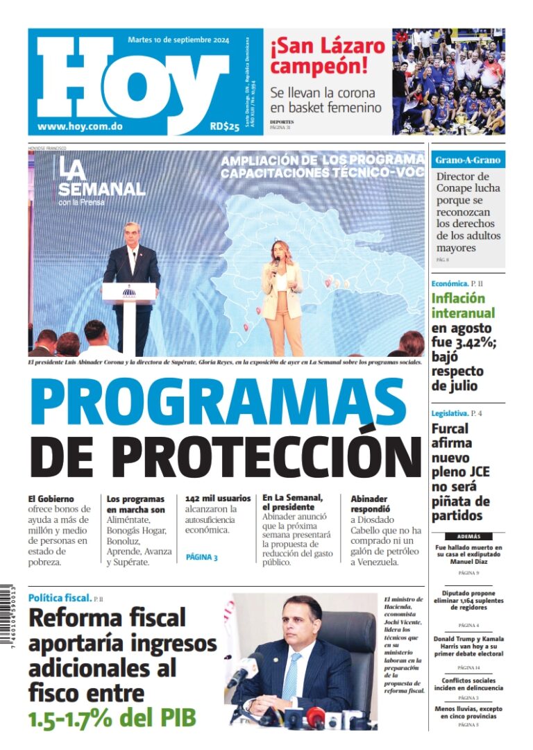 Portada Periódico Hoy, Martes 10 Septiembre, 2024