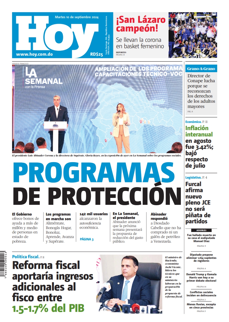 Portada Periódico Hoy, Martes 10 Septiembre, 2024