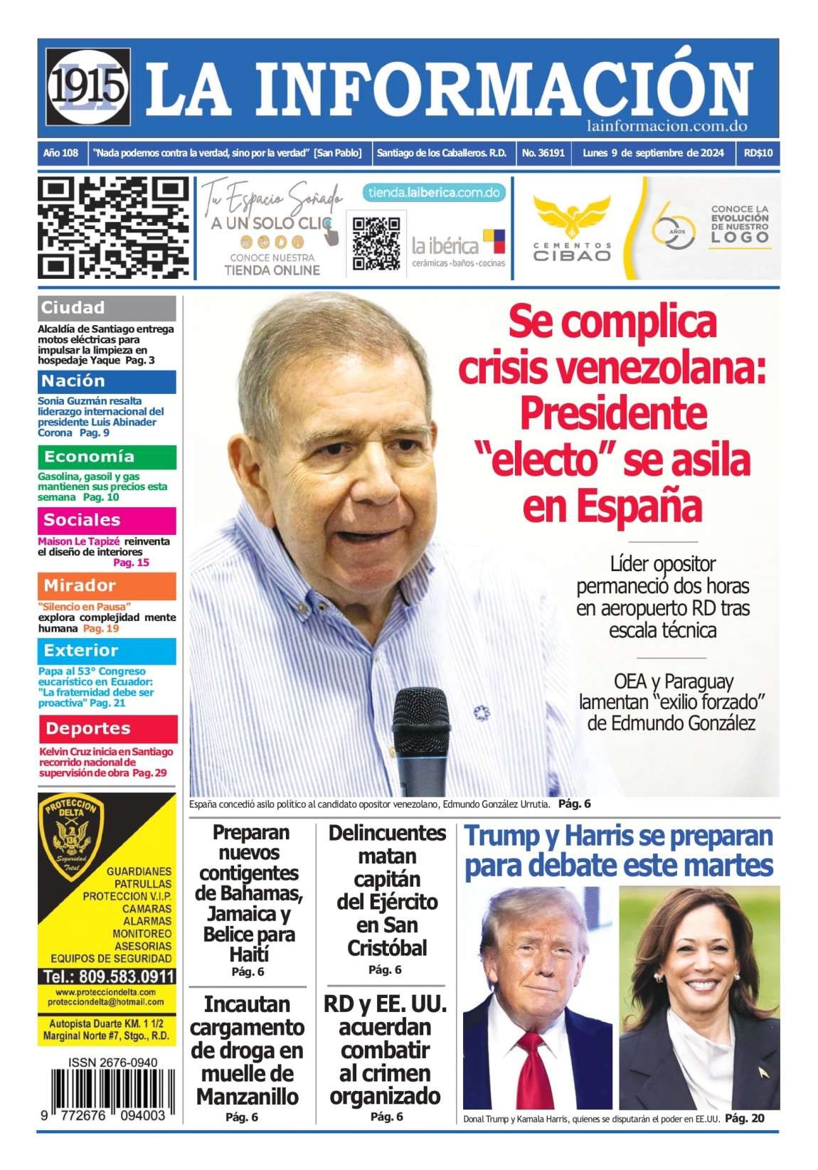 Portada Periódico La Información, Lunes 09 Septiembre, 2024