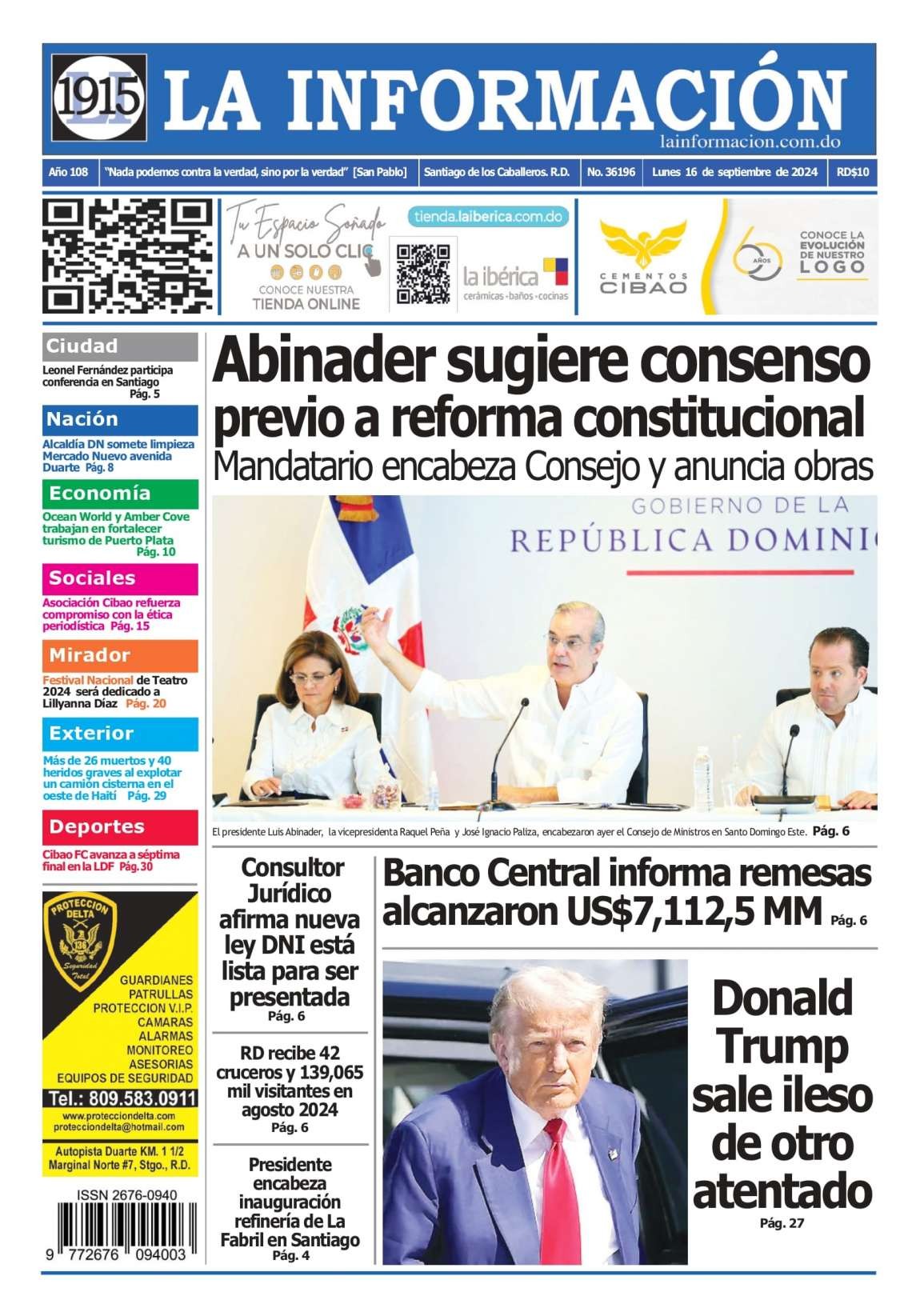 Portada Periódico La Información, Lunes 16 Septiembre, 2024