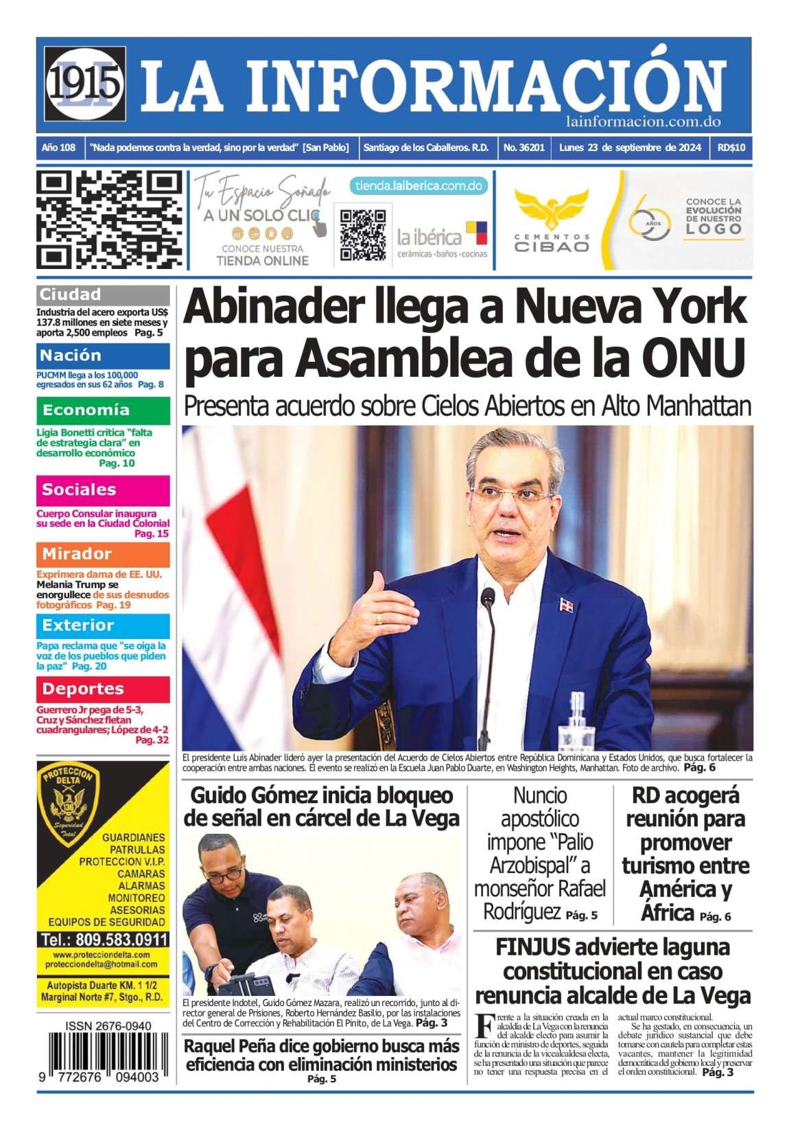 Portada Periódico La Información, Lunes 23 Septiembre, 2024