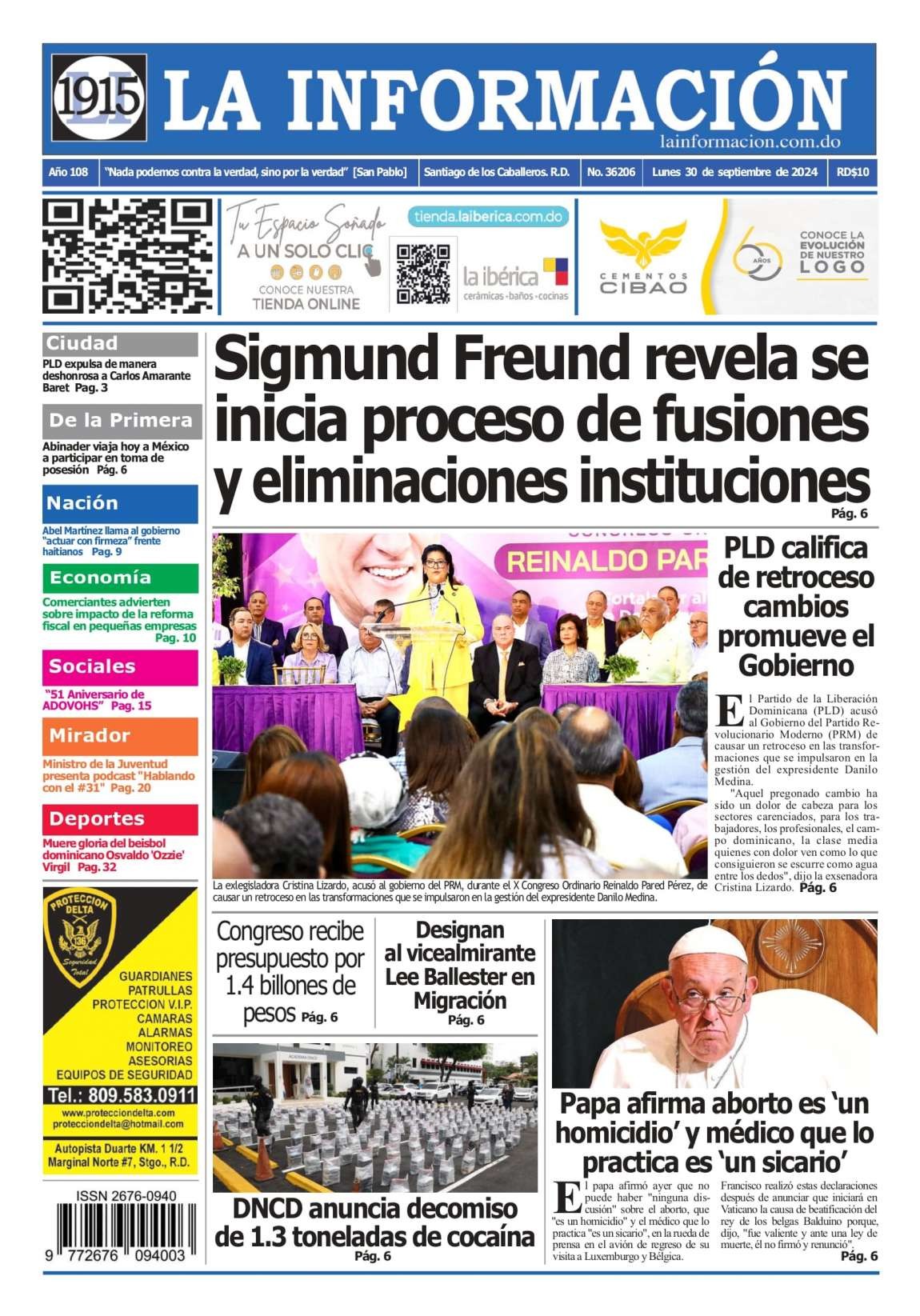 Portada Periódico La Información, Lunes 30 Septiembre, 2024