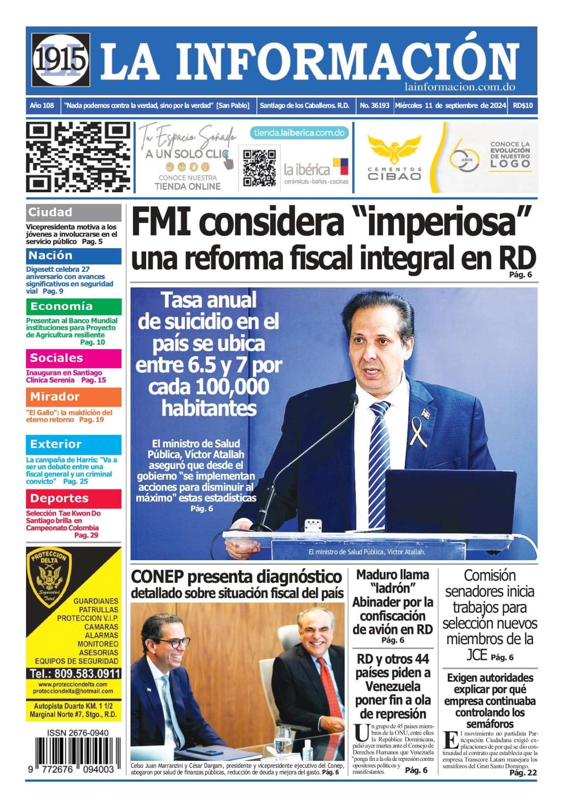 Portada Periódico La Información, Miércoles 11 Septiembre, 2024