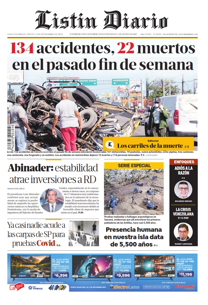 Portada Periódico Listín Diario, Jueves 05 Septiembre, 2024