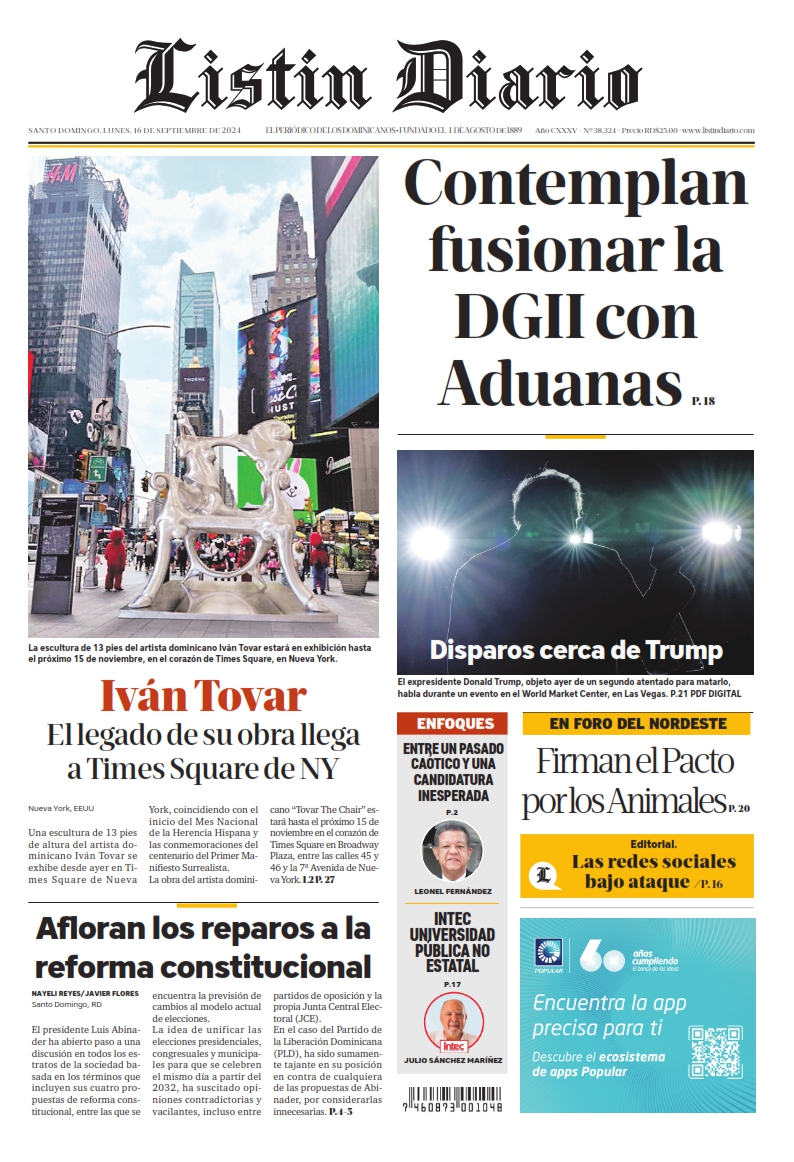 Portada Periódico Listín Diario, Lunes 16 Septiembre, 2024