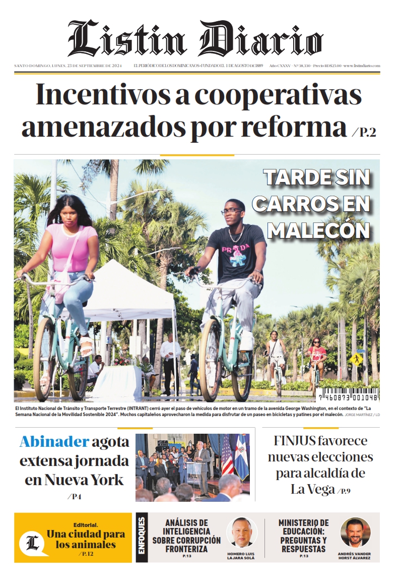 Portada Periódico Listín Diario, Lunes 23 Septiembre, 2024