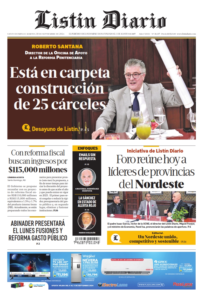 Portada Periódico Listín Diario, Martes 10 Septiembre, 2024