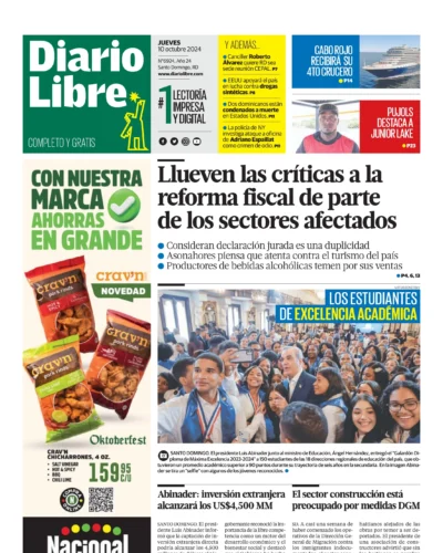 Portada Periódico Diario Libre, Jueves 10 Octubre, 2024