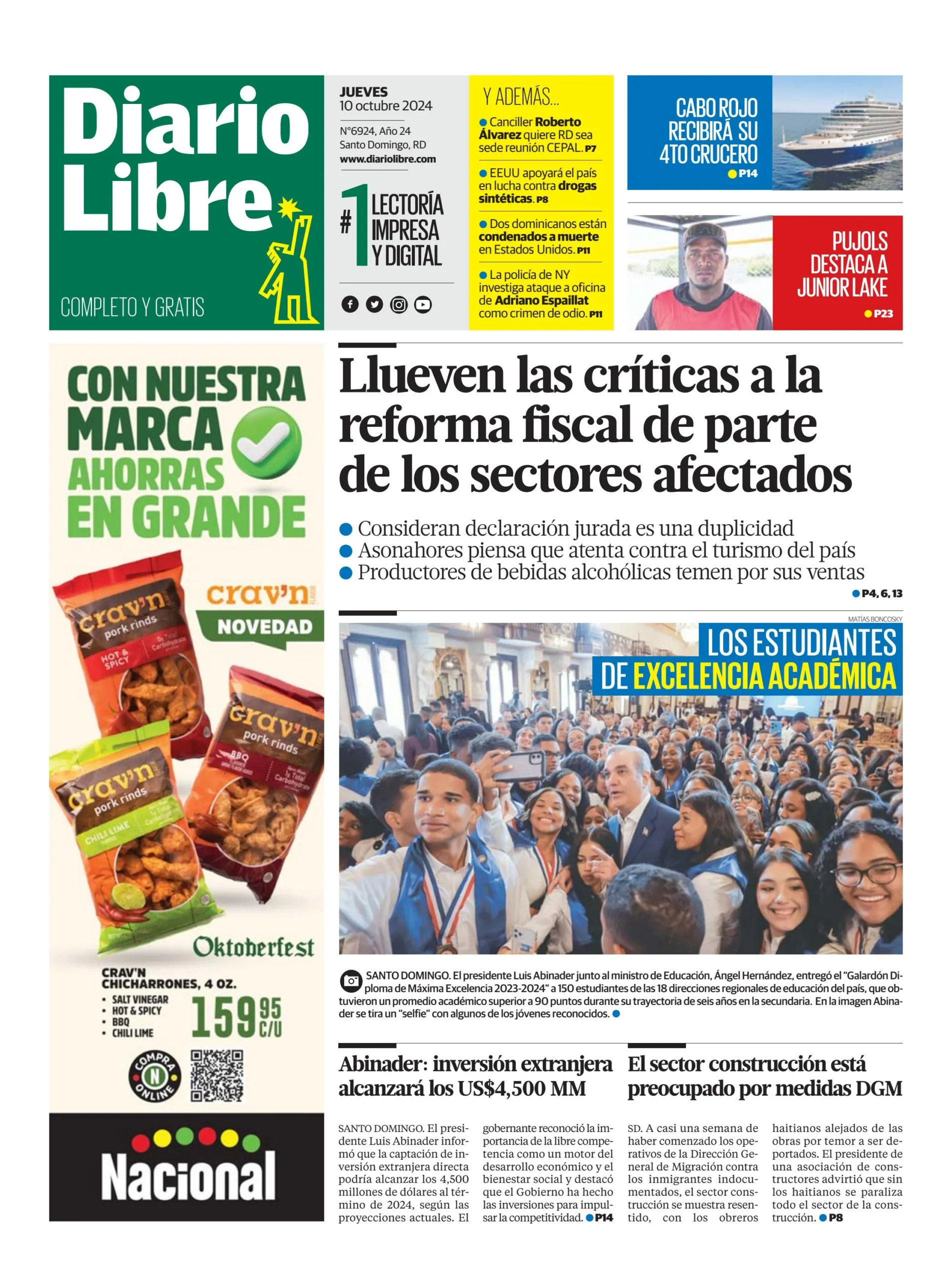 Portada Periódico Diario Libre, Jueves 10 Octubre, 2024