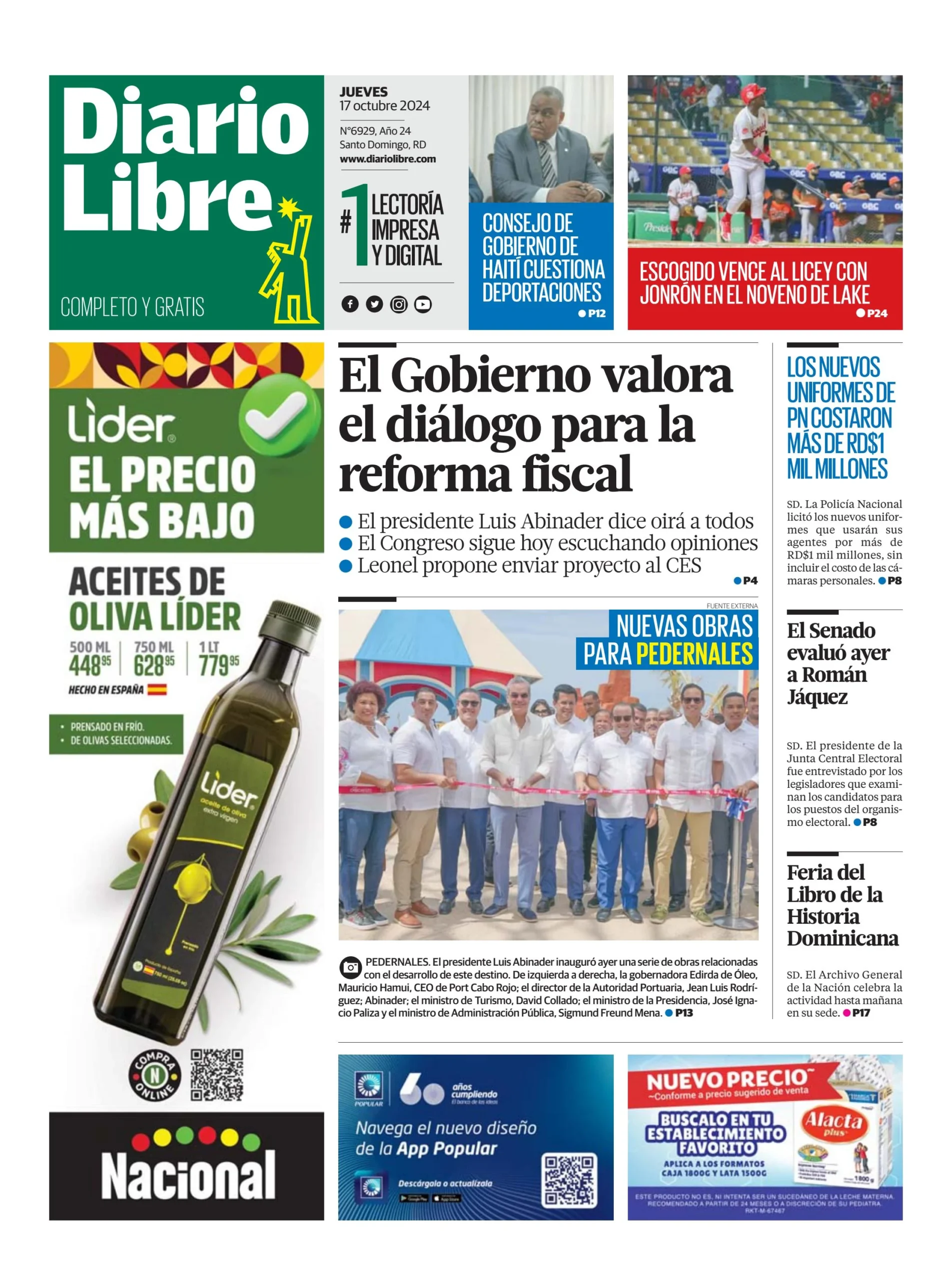 Portada Periódico Diario Libre, Jueves 17 Octubre, 2024