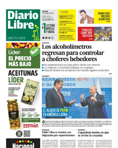 Portada Periódico Diario Libre, Jueves 24 Octubre, 2024