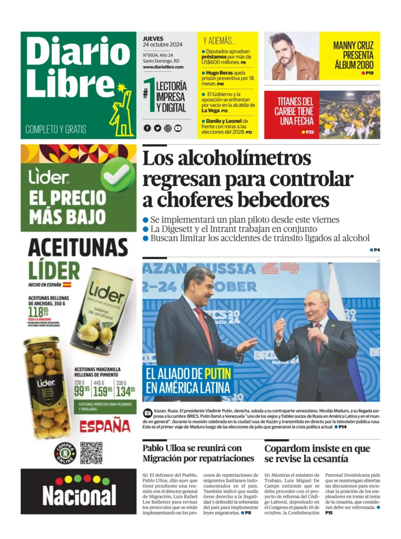 Portada Periódico Diario Libre, Jueves 24 Octubre, 2024