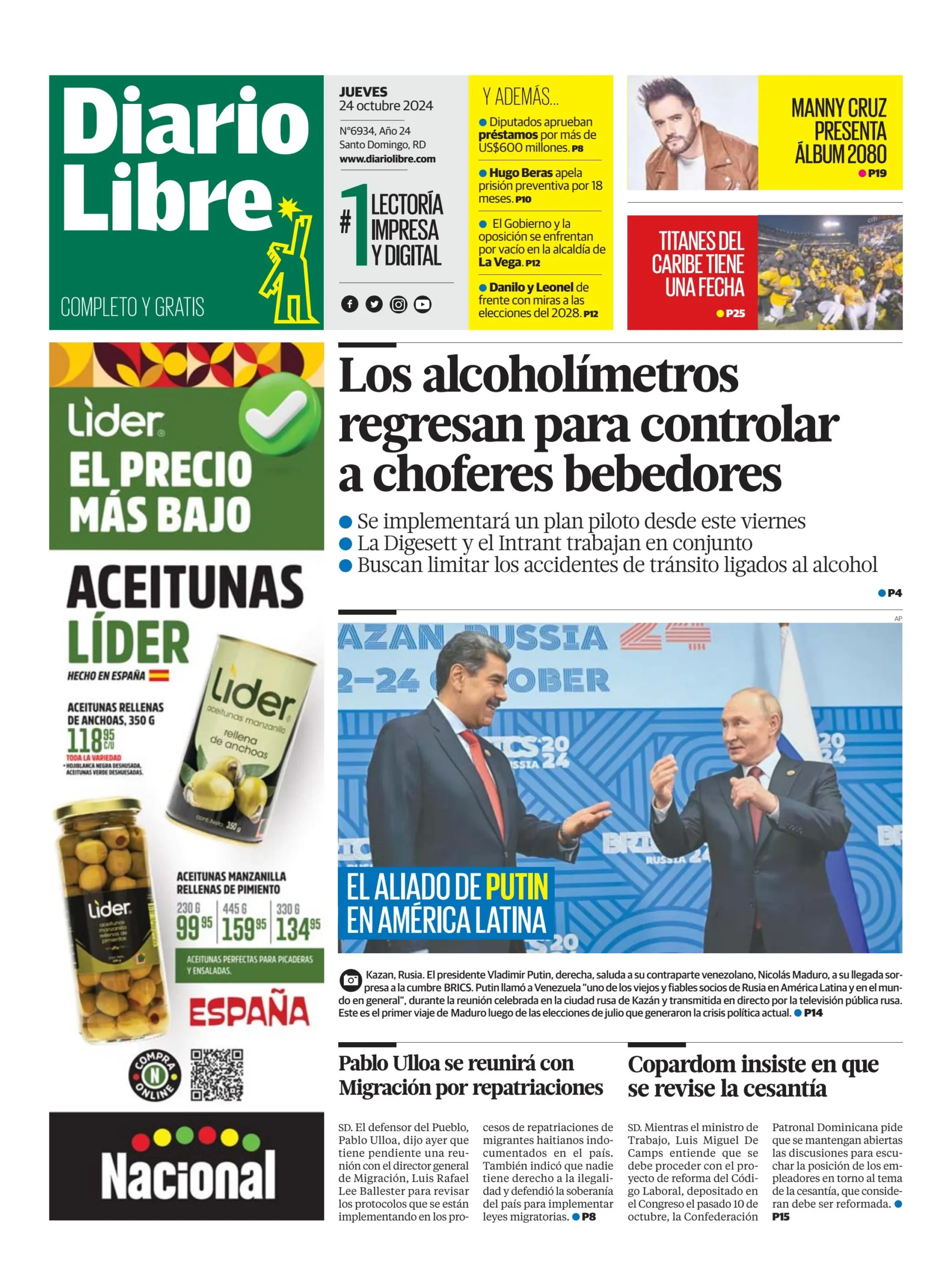 Portada Periódico Diario Libre, Jueves 24 Octubre, 2024