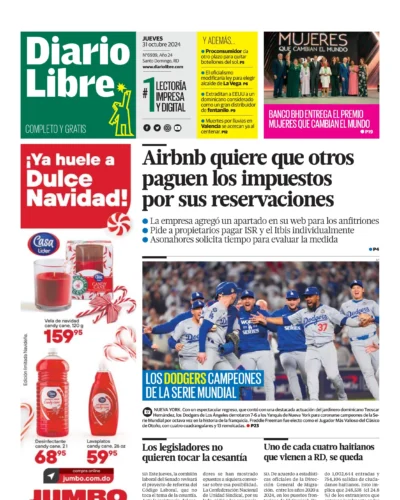 Portada Periódico Diario Libre, Jueves 31 Octubre, 2024