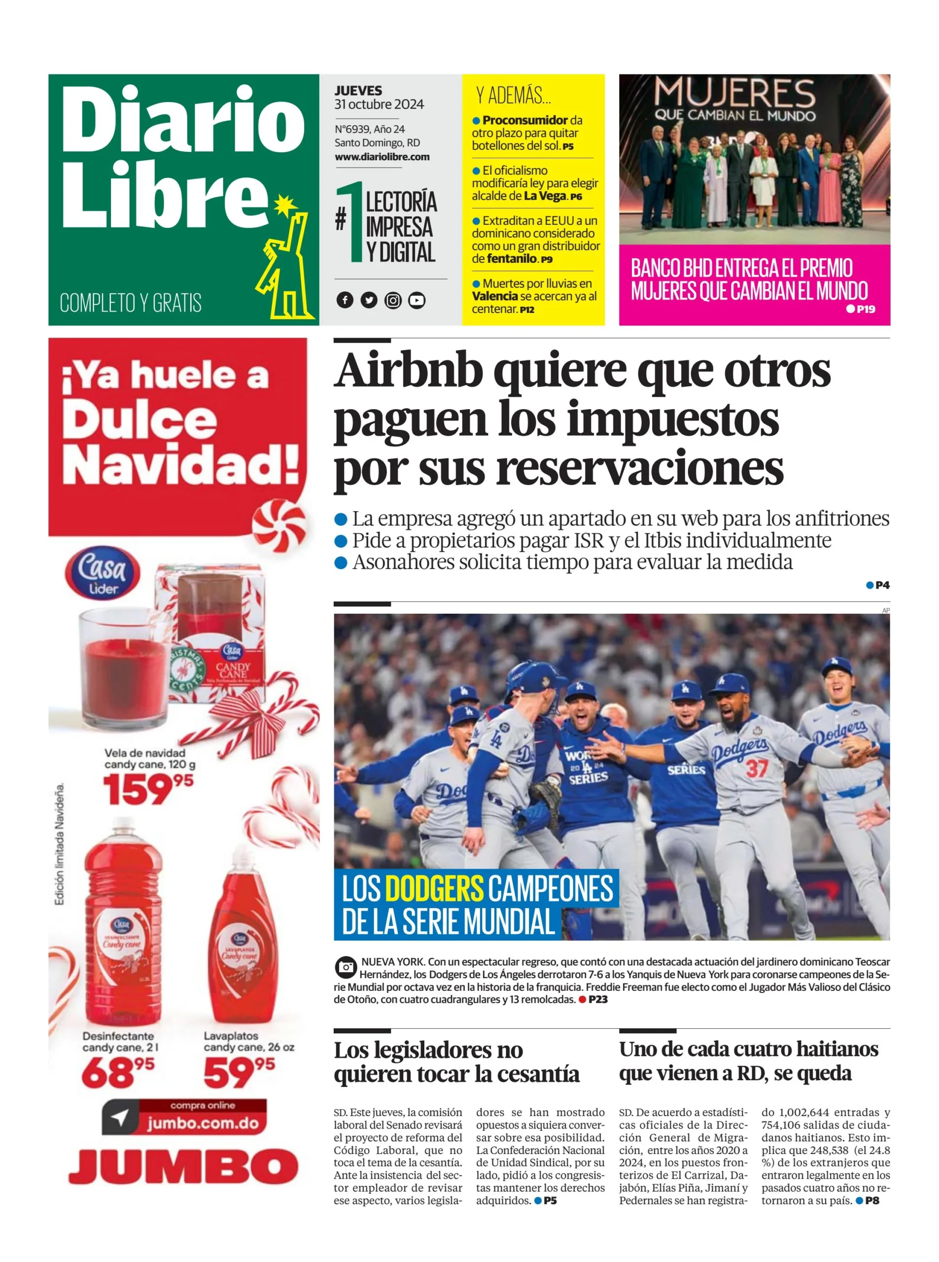 Portada Periódico Diario Libre, Jueves 31 Octubre, 2024