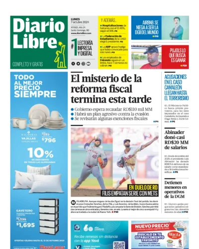 Portada Periódico Diario Libre, Lunes 07 Octubre, 2024