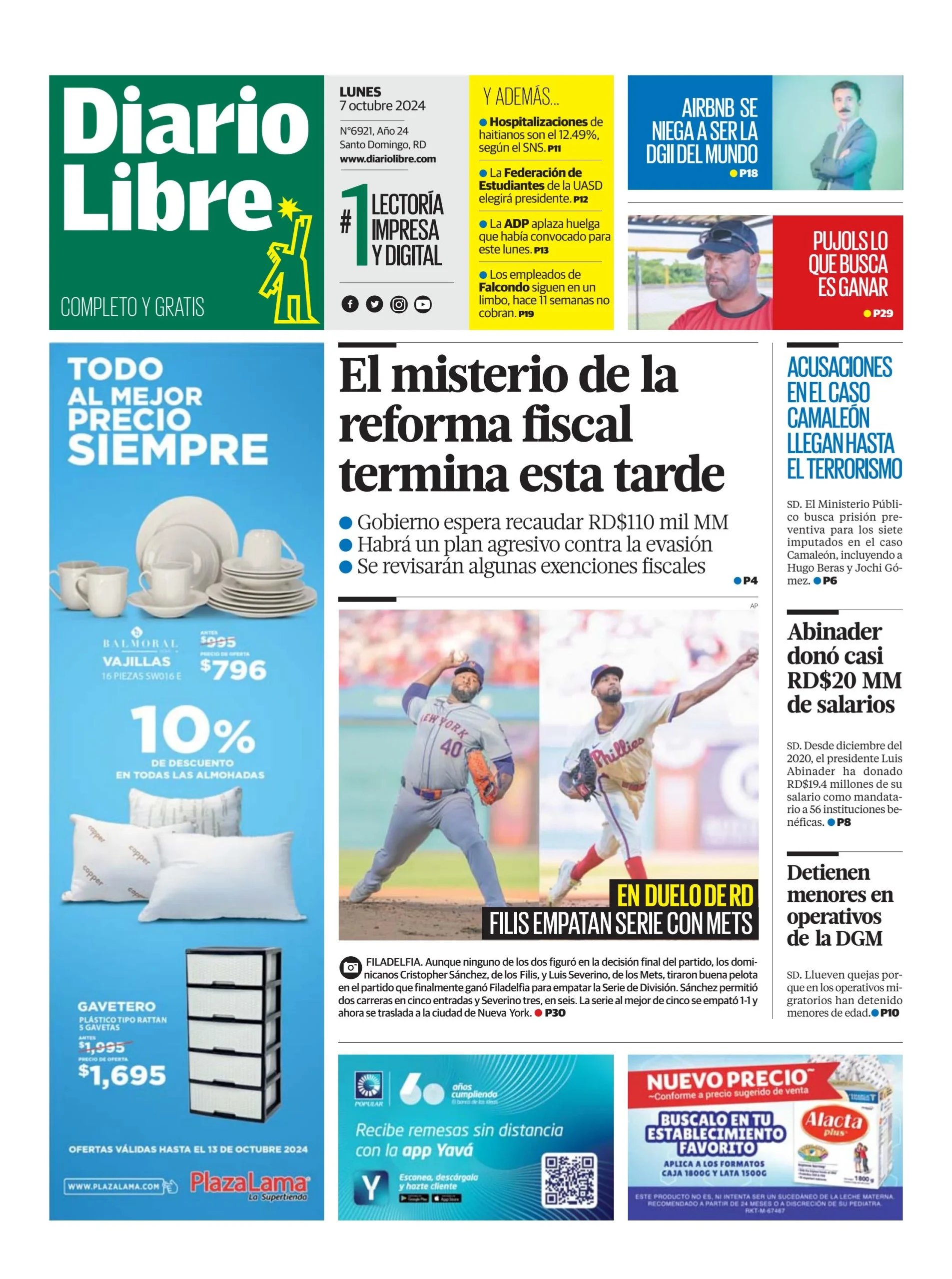 Portada Periódico Diario Libre, Lunes 07 Octubre, 2024