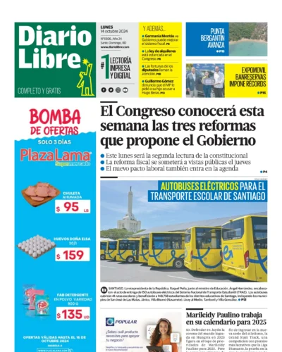 Portada Periódico Diario Libre, Lunes 14 Octubre, 2024