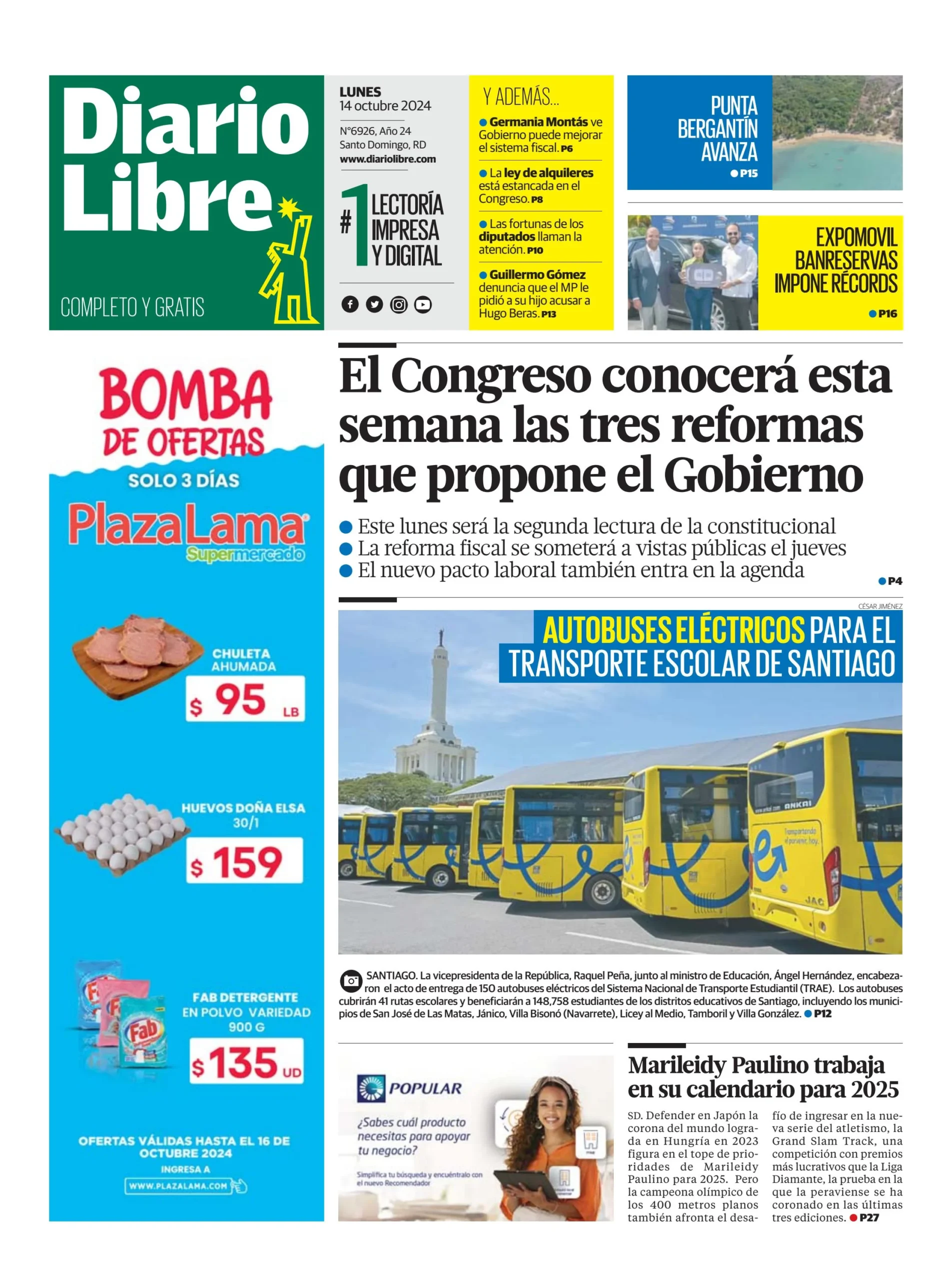 Portada Periódico Diario Libre, Lunes 14 Octubre, 2024