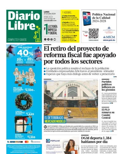 Portada Periódico Diario Libre, Lunes 21 Octubre, 2024