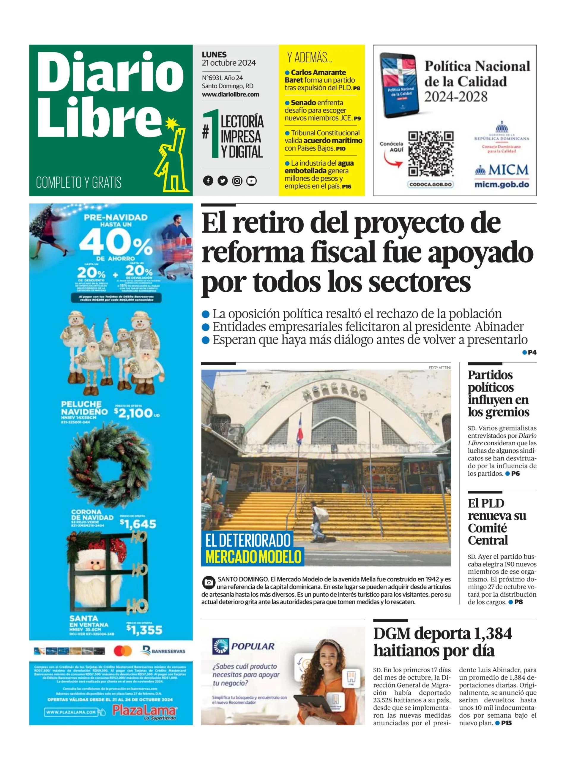 Portada Periódico Diario Libre, Lunes 21 Octubre, 2024