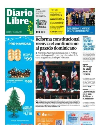 Portada Periódico Diario Libre, Lunes 28 Octubre, 2024