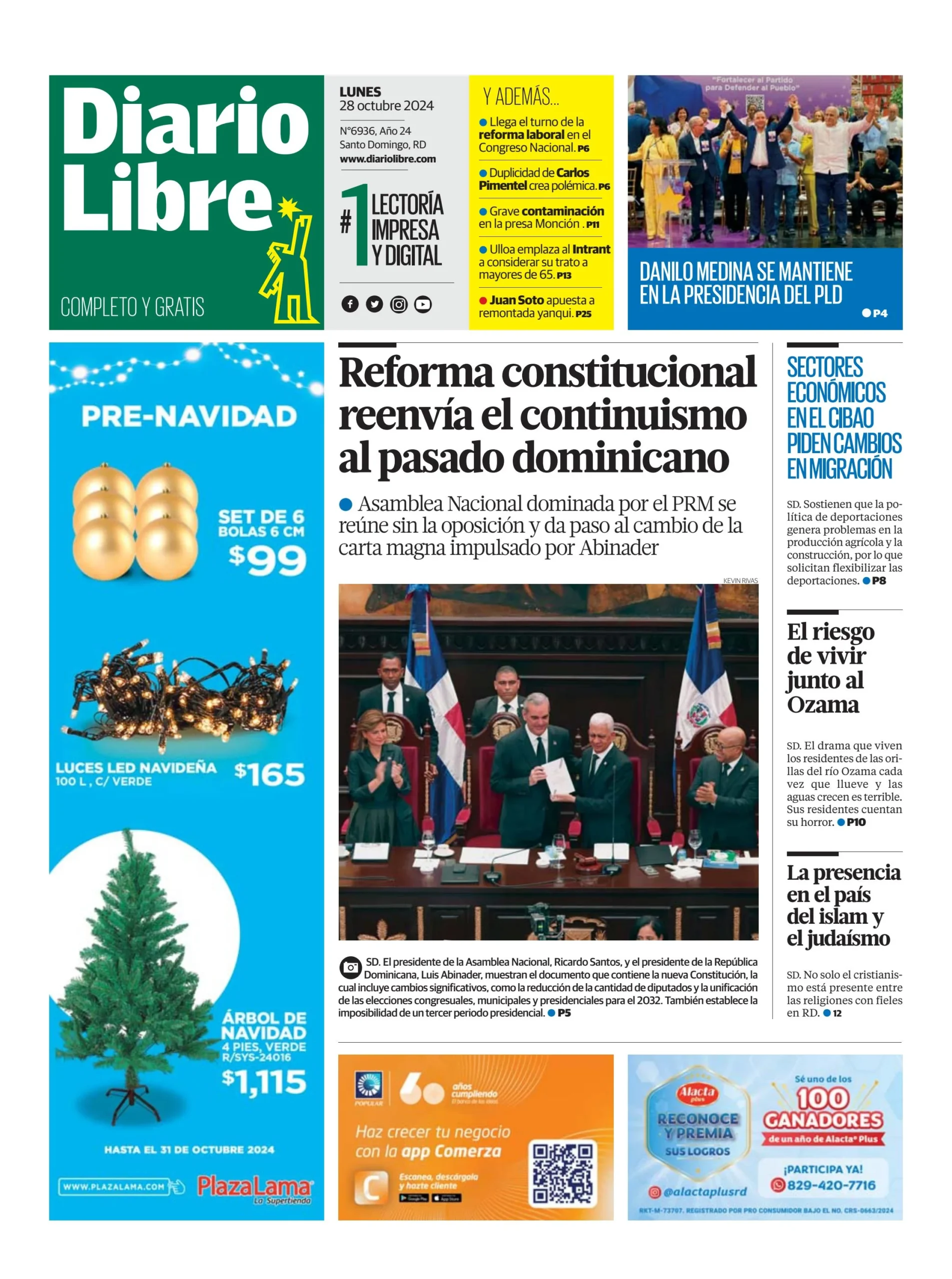 Portada Periódico Diario Libre, Lunes 28 Octubre, 2024