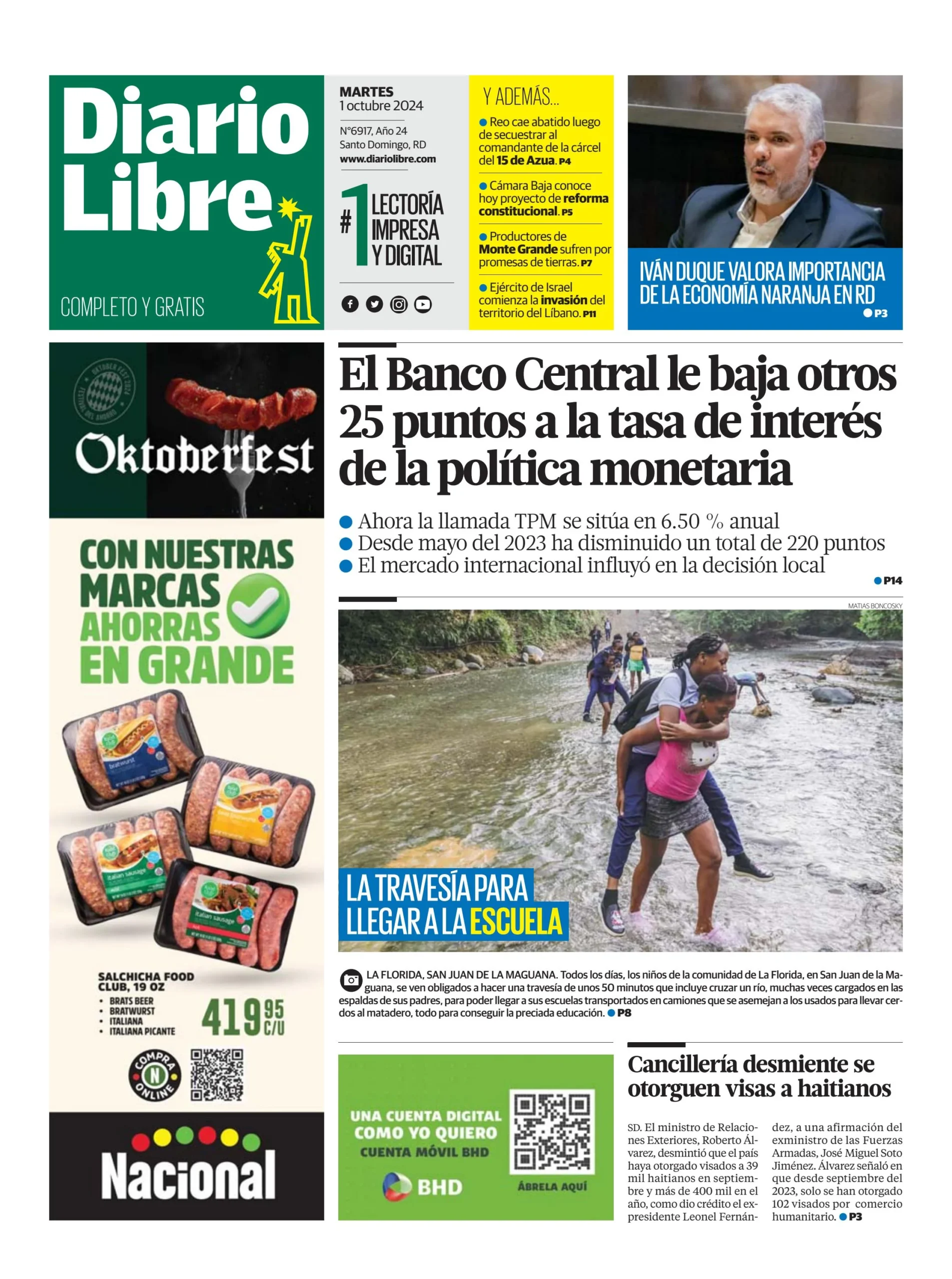 Portada Periódico Diario Libre, Martes 01 Octubre, 2024