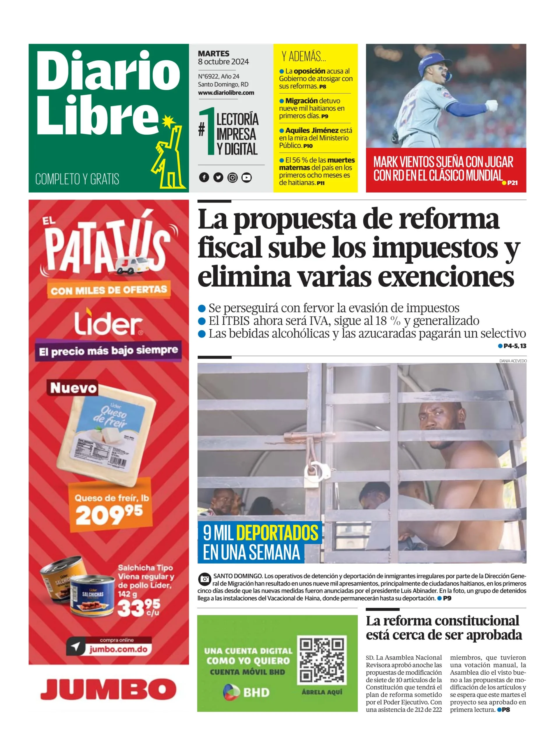 Portada Periódico Diario Libre, Martes 08 Octubre, 2024