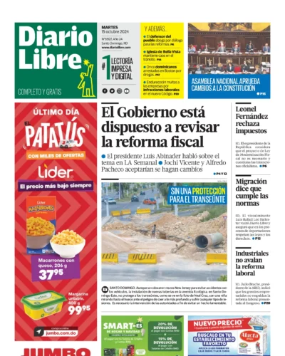 Portada Periódico Diario Libre, Martes 15 Octubre, 2024