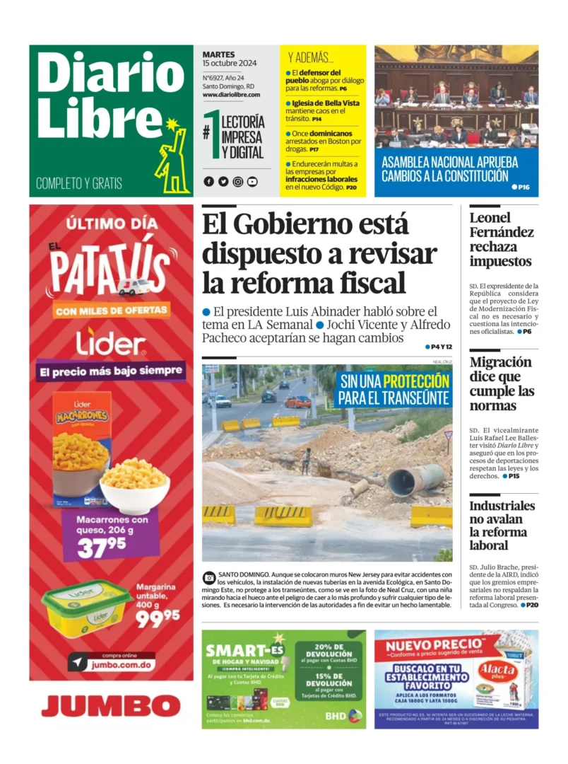 Portada Periódico Diario Libre, Martes 15 Octubre, 2024