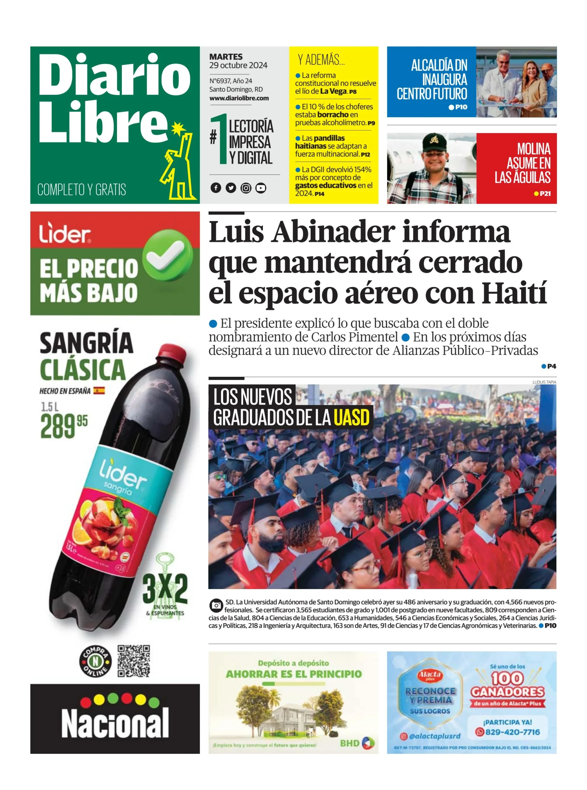 Portada Periódico Diario Libre, Martes 29 Octubre, 2024