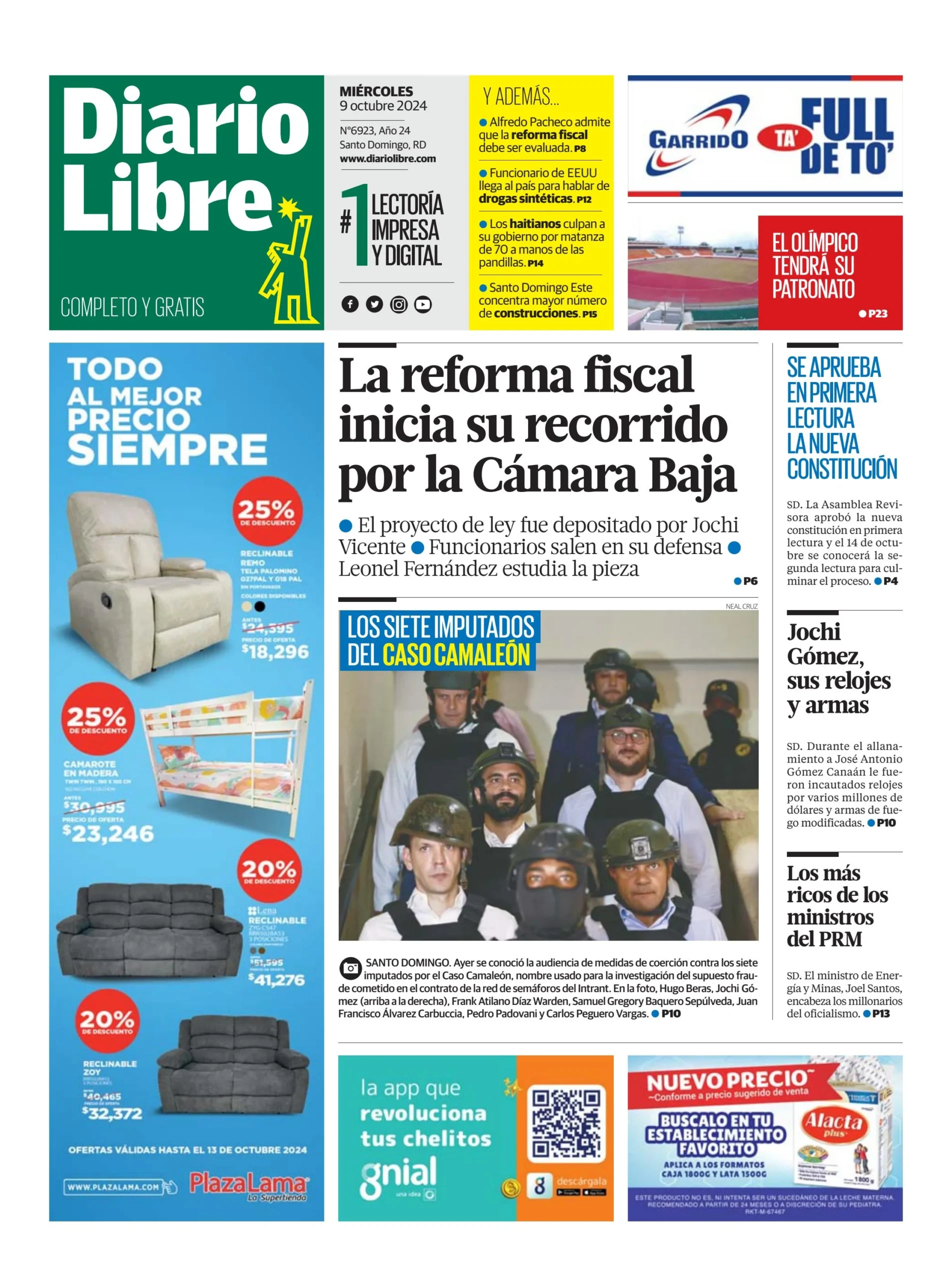 Portada Periódico Diario Libre, Miércoles 09 Octubre, 2024