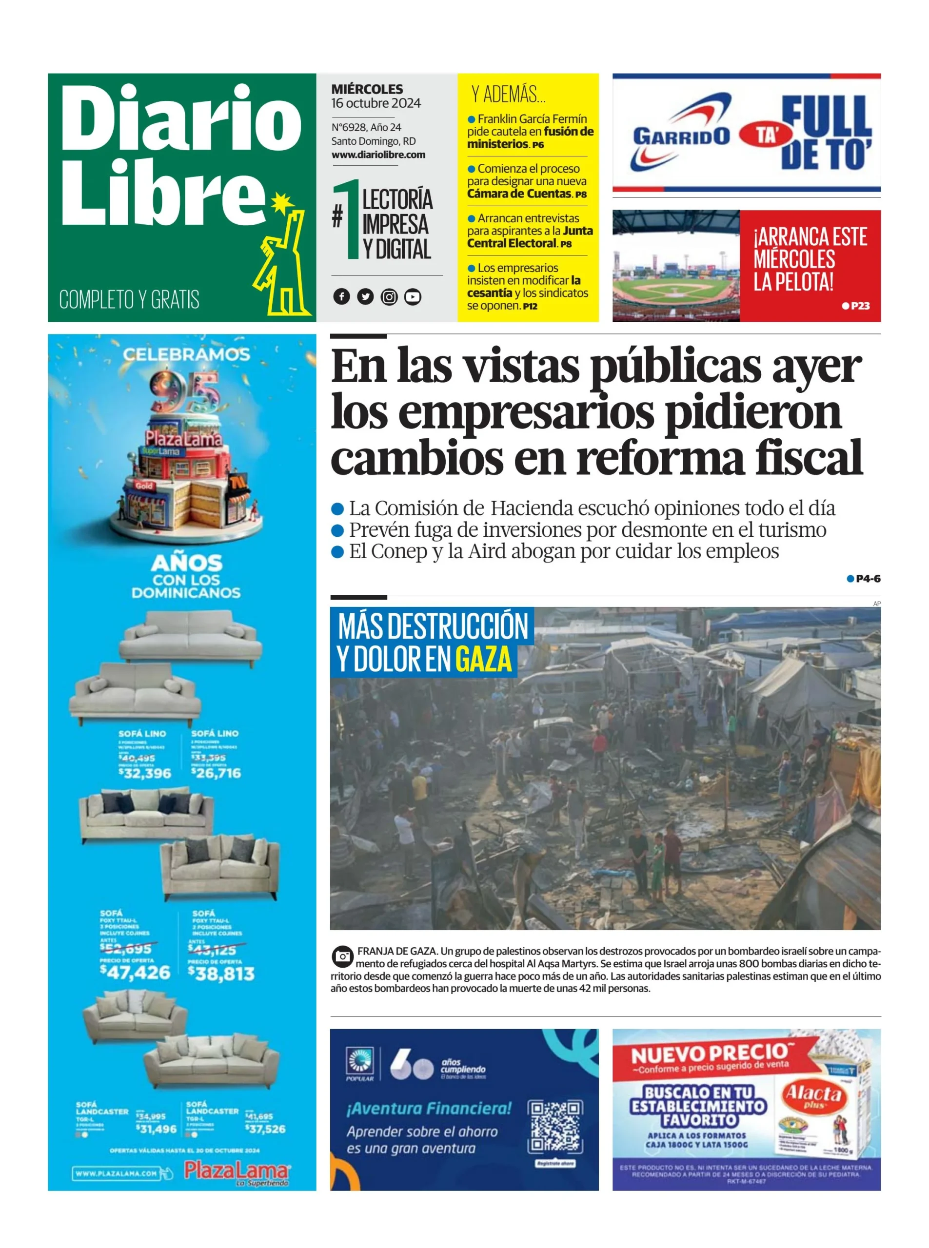 Portada Periódico Diario Libre, Miércoles 16 Octubre, 2024