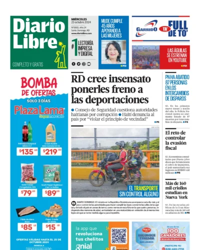 Portada Periódico Diario Libre, Miércoles 23 Octubre, 2024