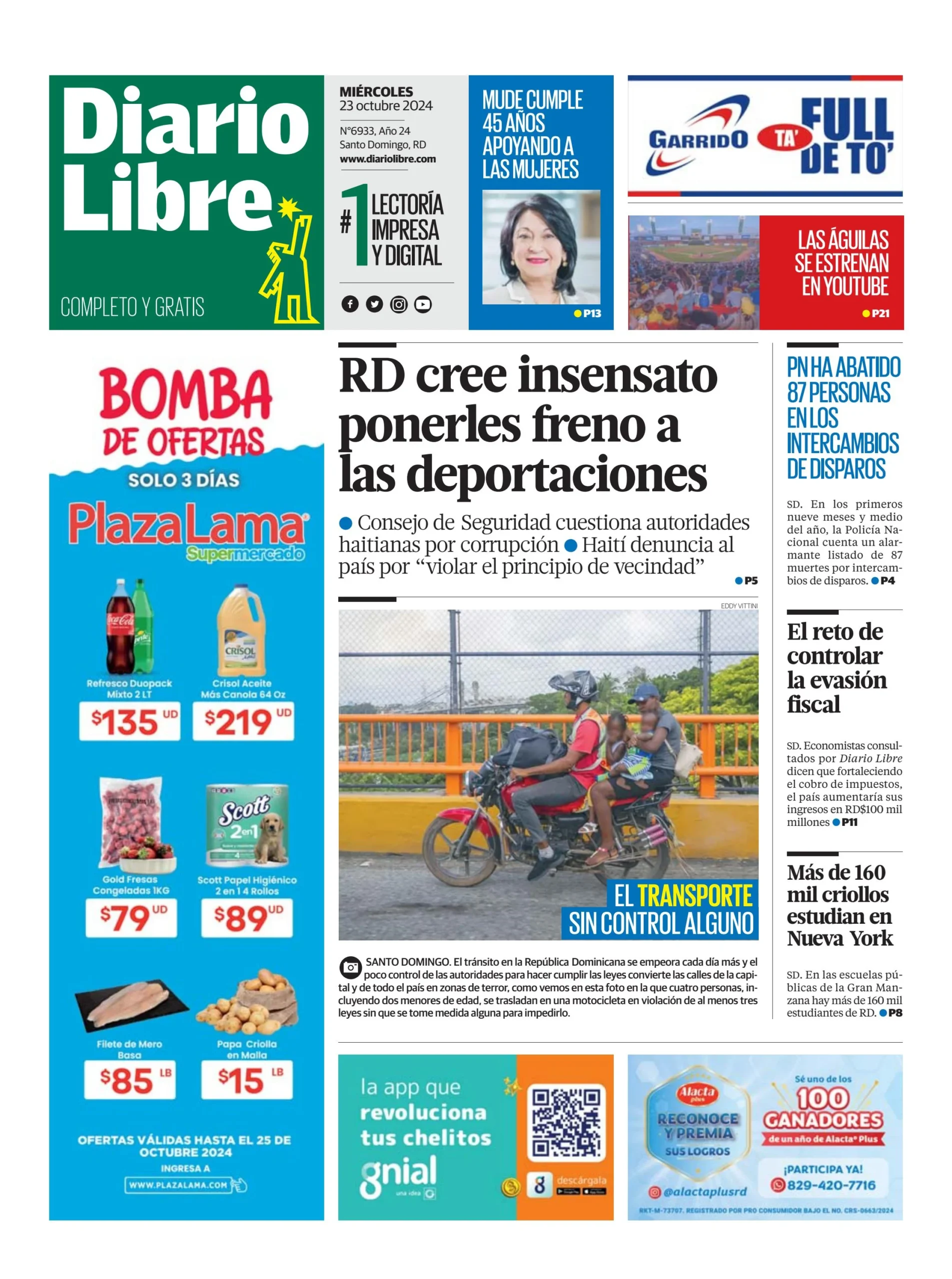 Portada Periódico Diario Libre, Miércoles 23 Octubre, 2024