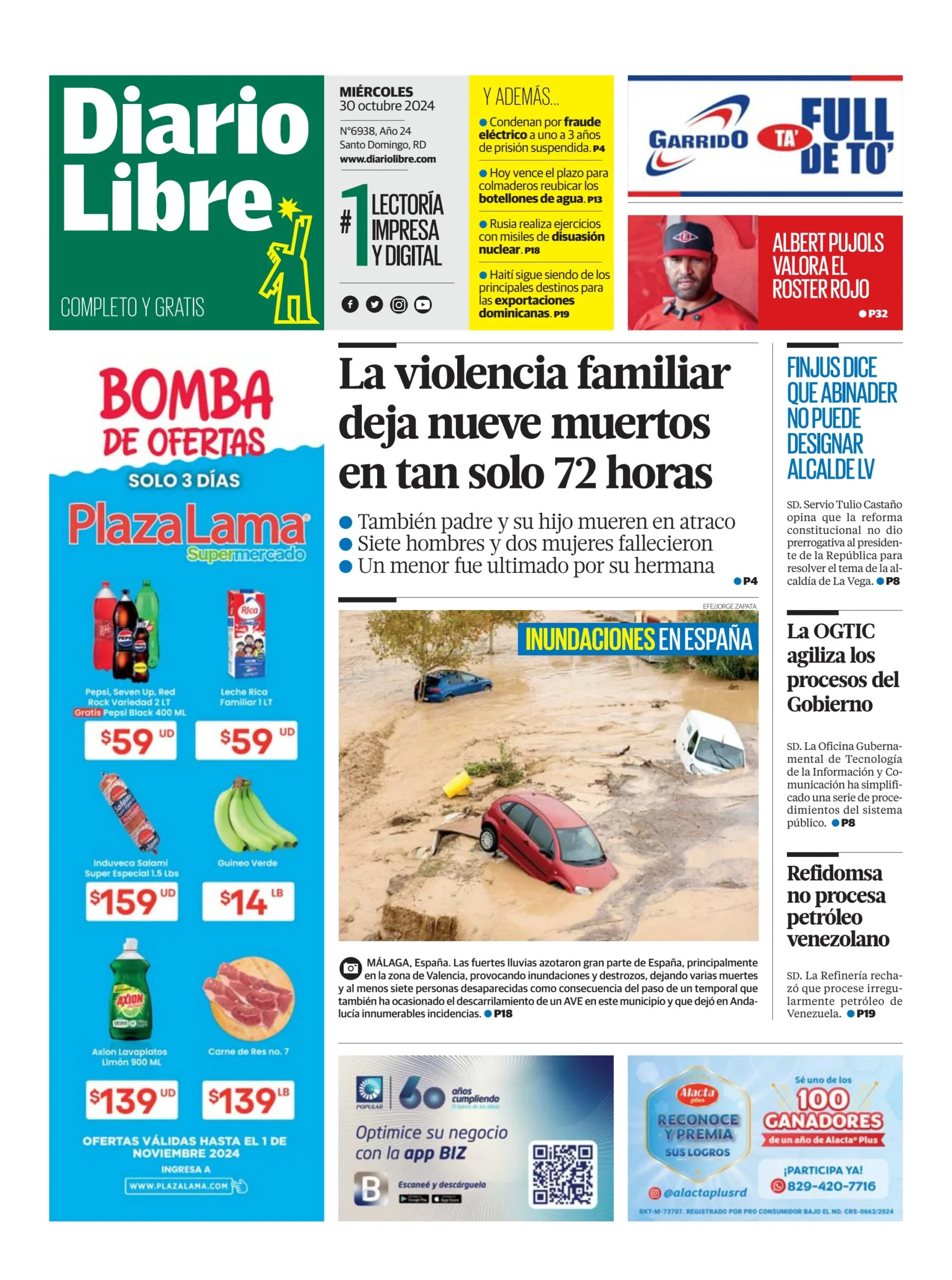 Portada Periódico Diario Libre, Miércoles 30 Octubre, 2024