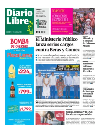 Portada Periódico Diario Libre, Viernes 04 Octubre, 2024