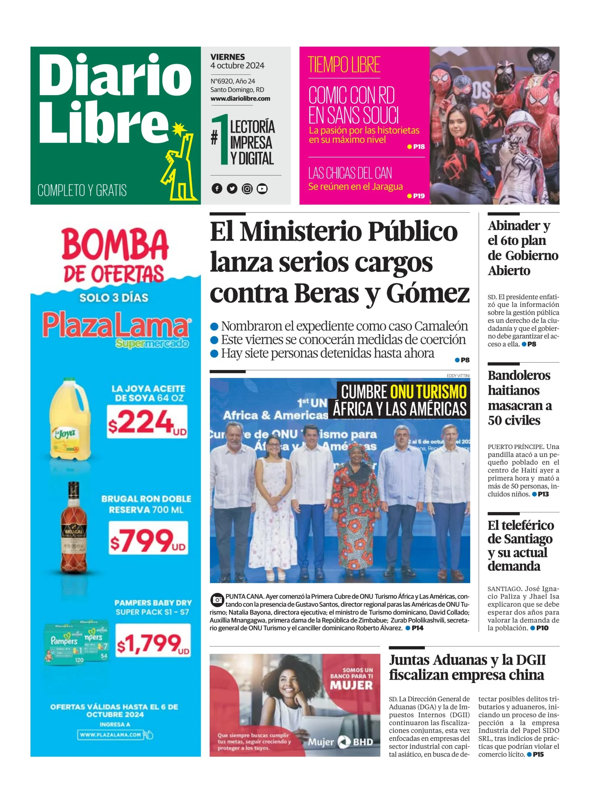 Portada Periódico Diario Libre, Viernes 04 Octubre, 2024