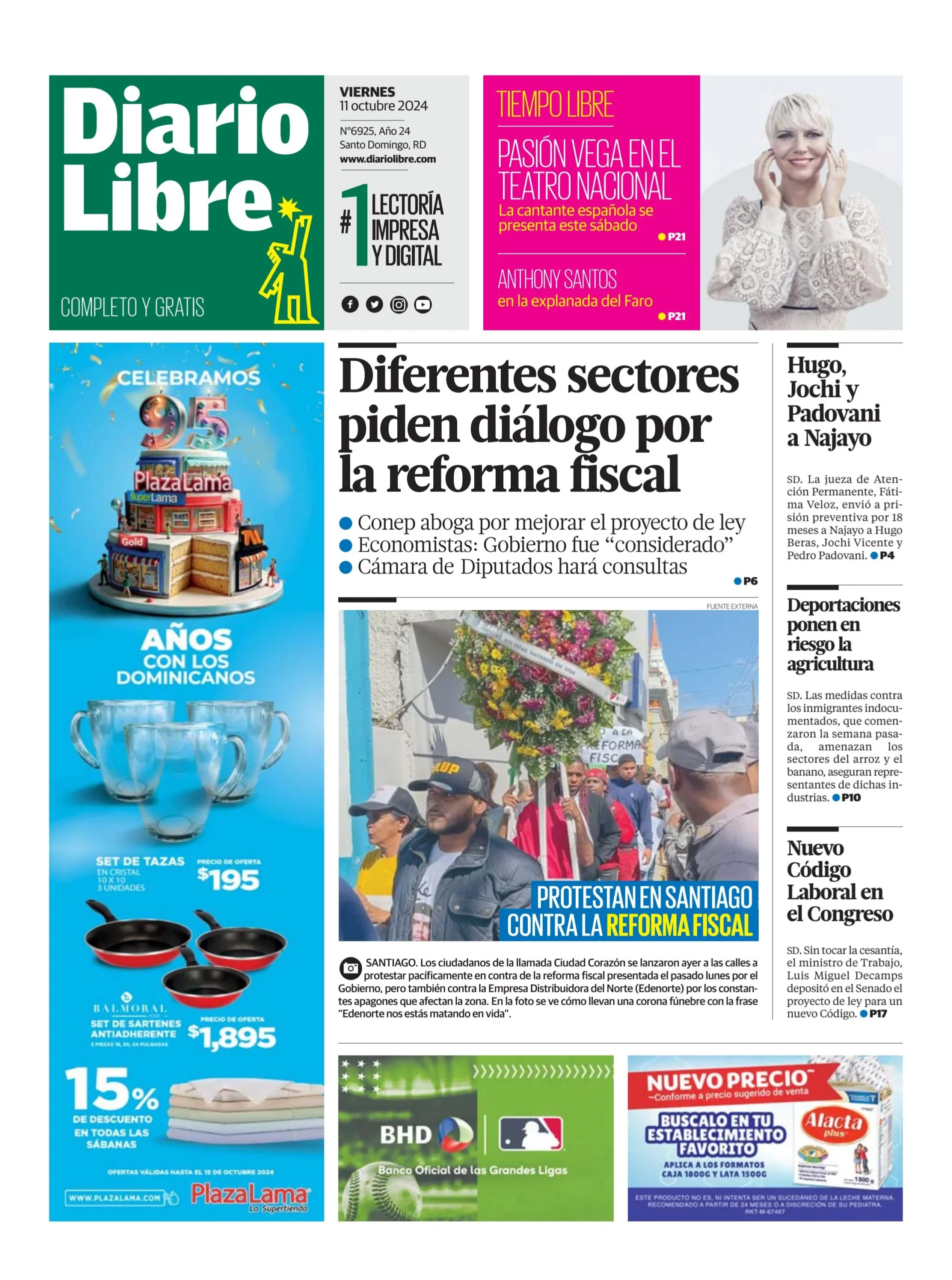 Portada Periódico Diario Libre, Viernes 11 Octubre, 2024