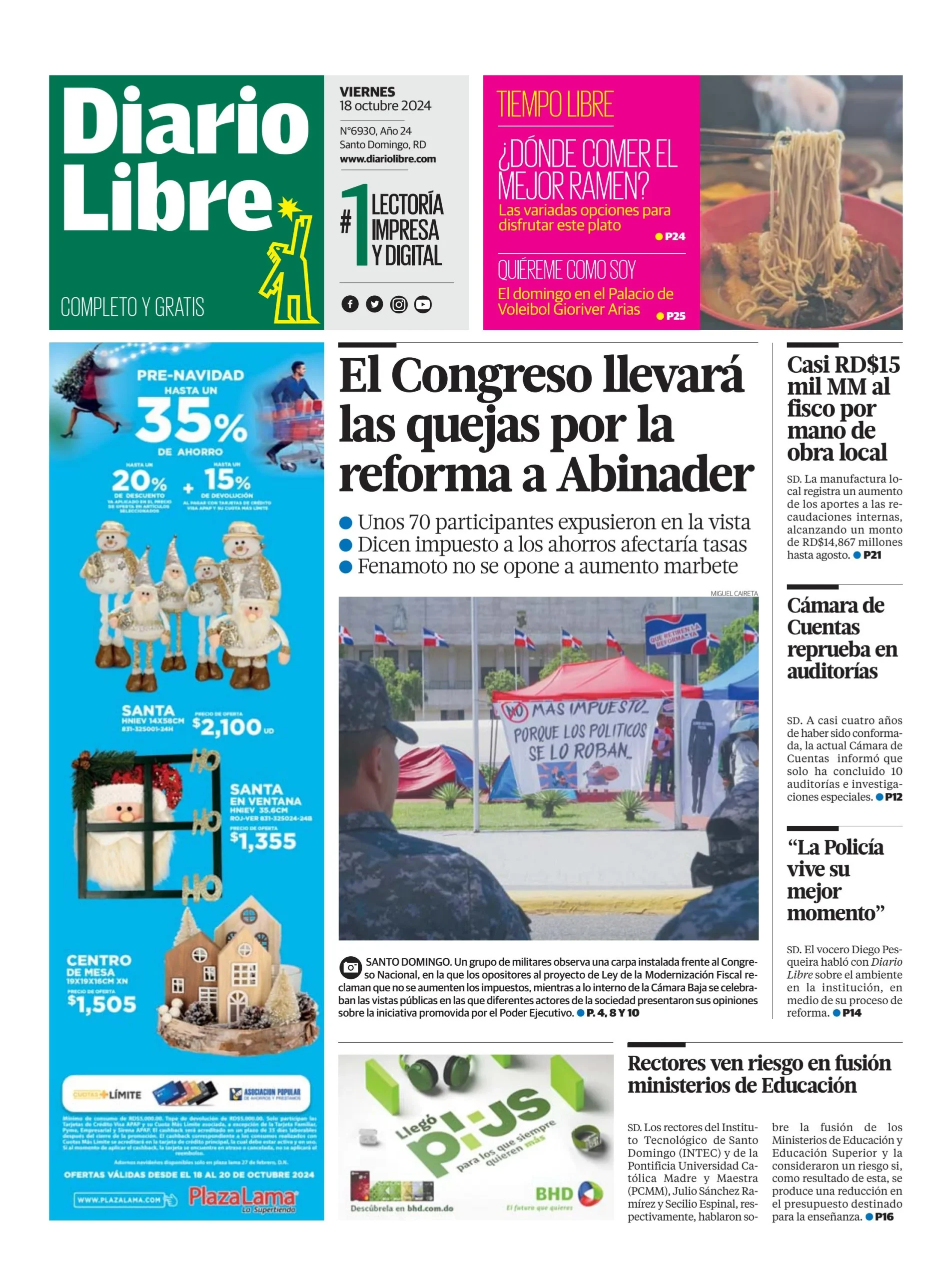 Portada Periódico Diario Libre, Viernes 18 Octubre, 2024