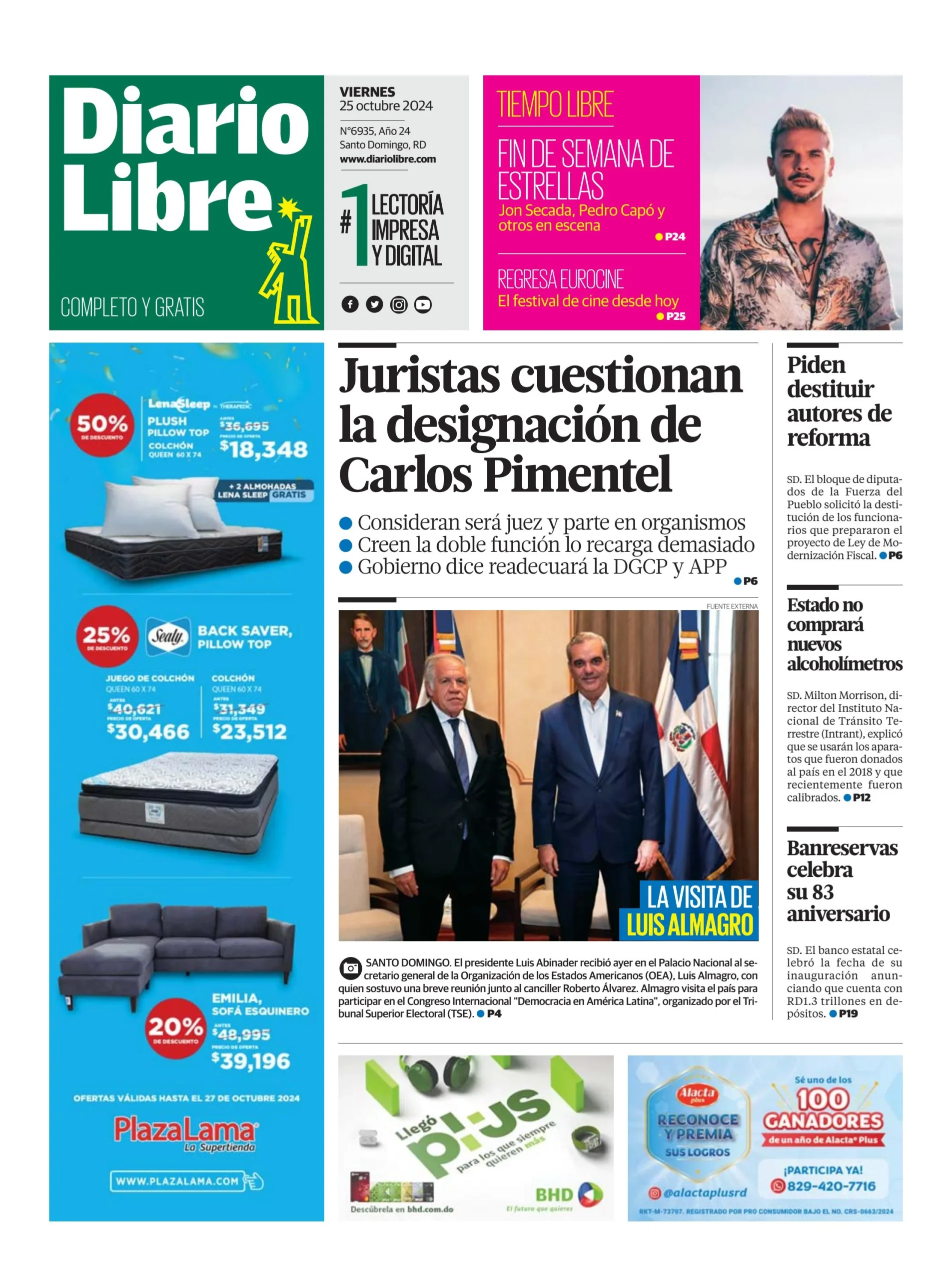 Portada Periódico Diario Libre, Viernes 25 Octubre, 2024