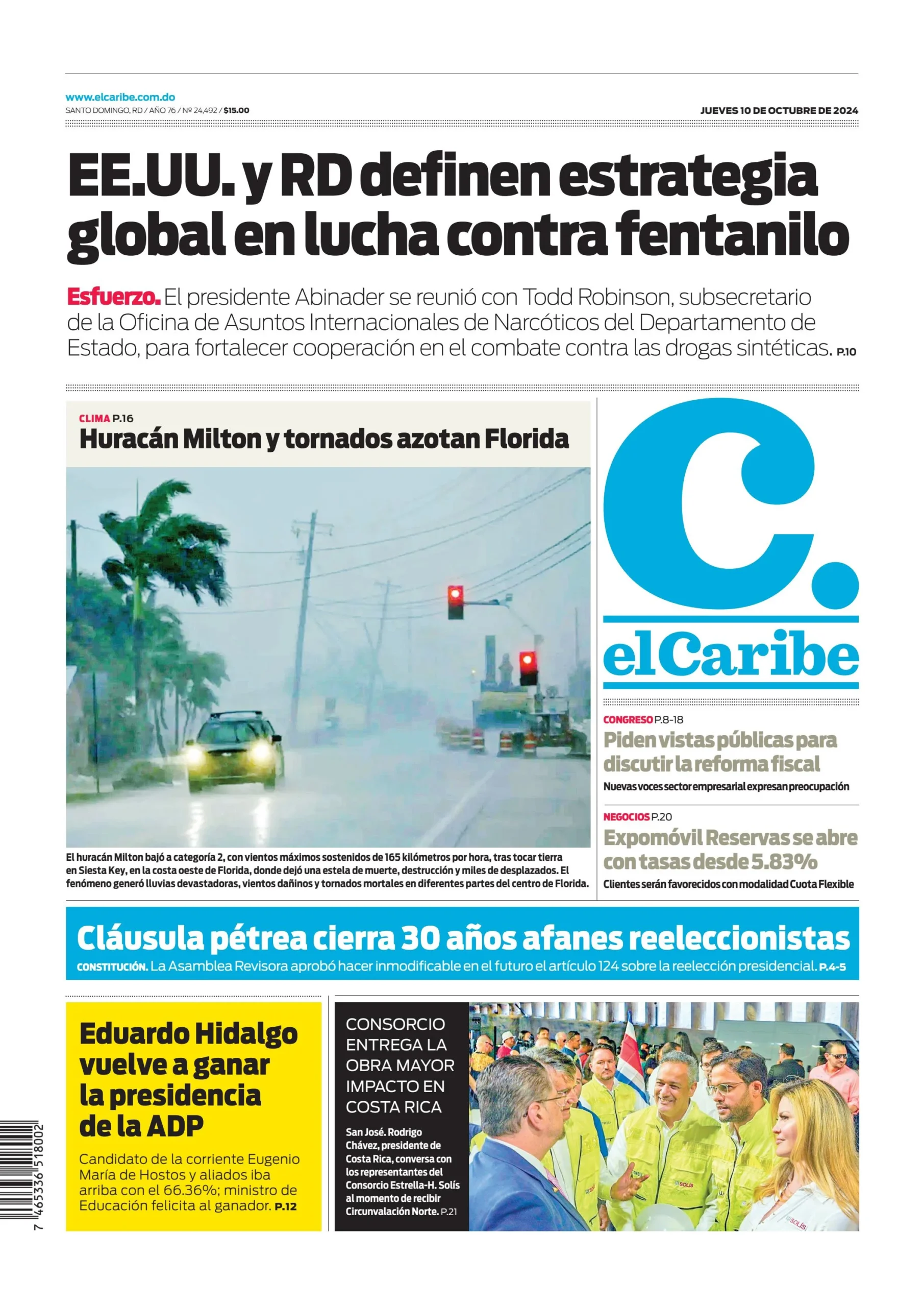 Portada Periódico El Caribe, Jueves 10 Octubre, 2024